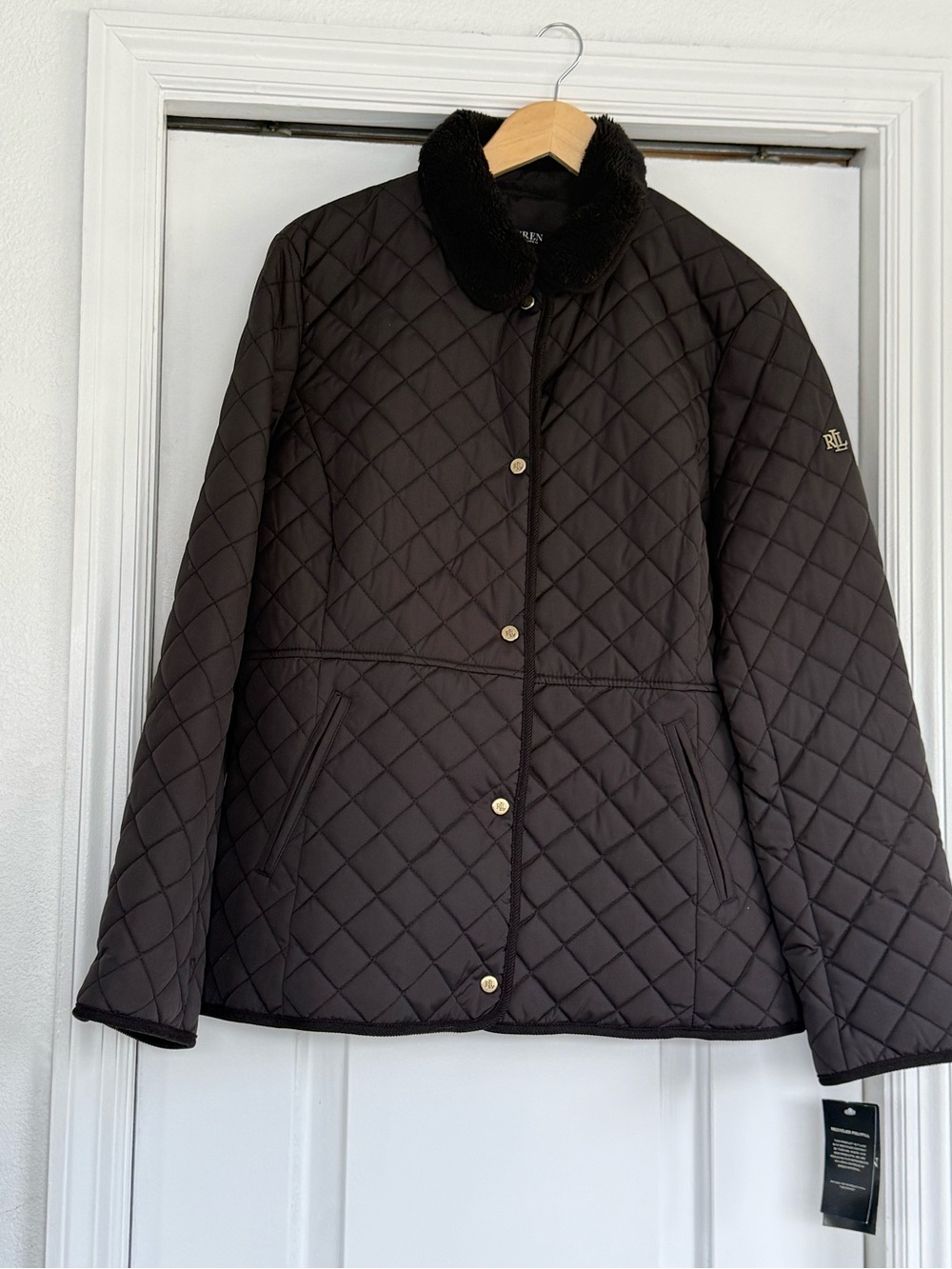 Lauren Ralph Lauren Quilted Black Puffer Jacket with Faux Fur Collar